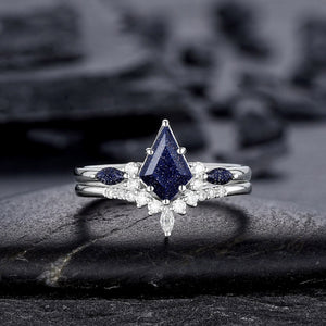 Kite Cut Blue Sandstone Engagement Ring Set, Vintage White Gold Promise Ring Set, Starry Blue Stone Bridal Set Wedding Ring - anerjuly