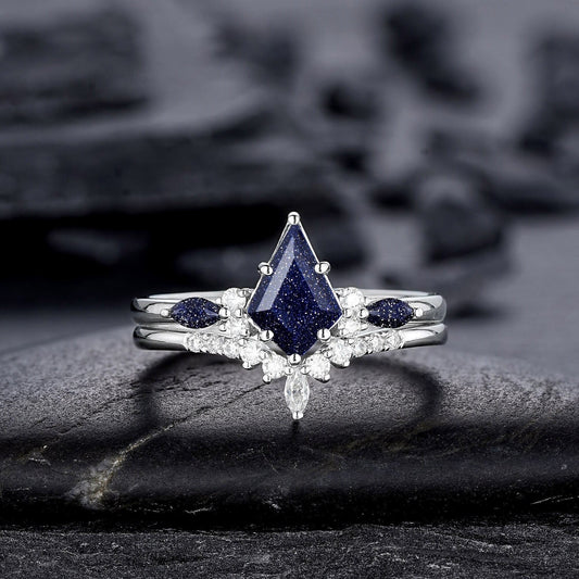 Kite Cut Blue Sandstone Engagement Ring Set, Vintage White Gold Promise Ring Set, Starry Blue Stone Bridal Set Wedding Ring - anerjuly