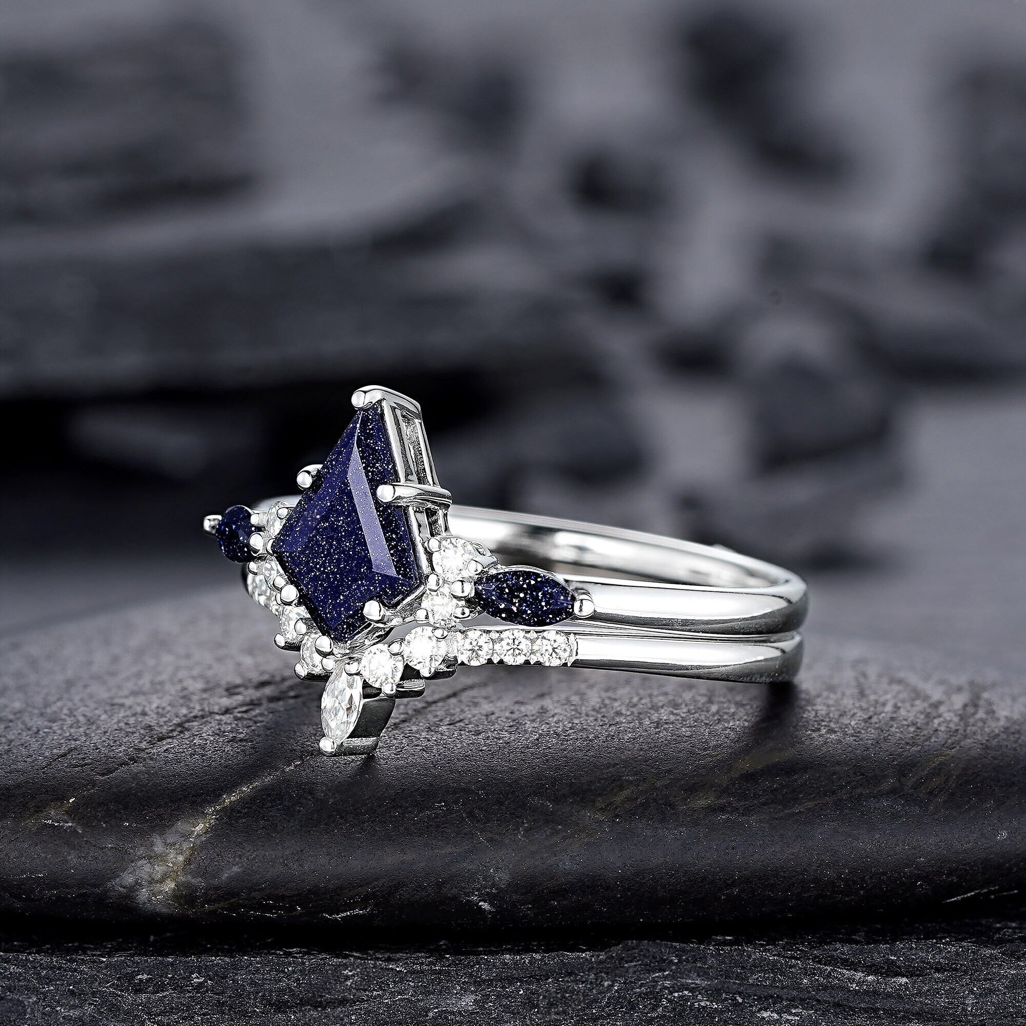 Kite Cut Blue Sandstone Engagement Ring Set, Vintage White Gold Promise Ring Set, Starry Blue Stone Bridal Set Wedding Ring - anerjuly