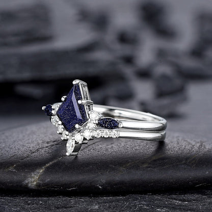 Kite Cut Blue Sandstone Engagement Ring Set, Vintage White Gold Promise Ring Set, Starry Blue Stone Bridal Set Wedding Ring - anerjuly