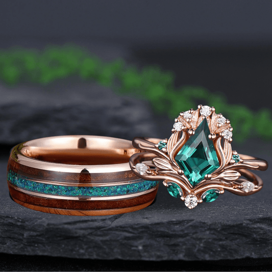 Kite Cut Fantasy Inspired Floral Leaf Bridal Set Unique His and Hers Rings Couple Ring - anerjuly