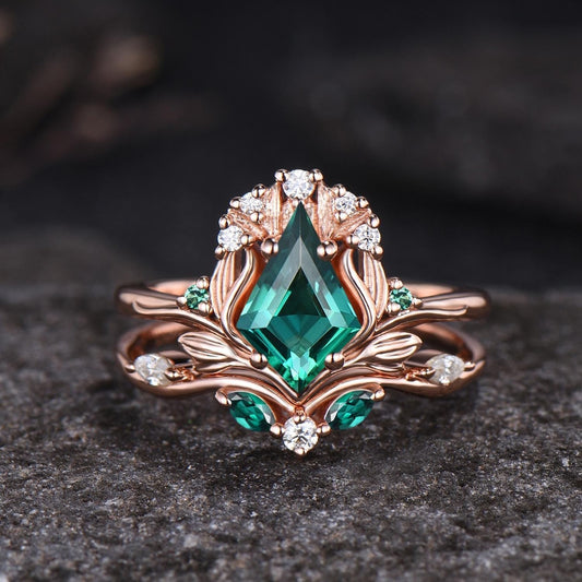 Kite Cut Fantasy Inspired Floral Leaf Bridal Set Unique His and Hers Rings Couple Ring - anerjuly