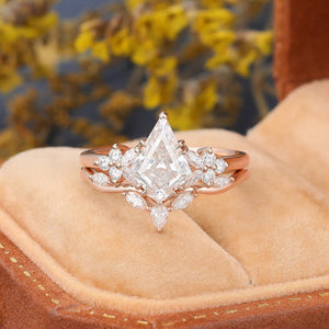 Kite cut Moissanite Engagement ring set Engagement Ring Cluster Ring Art Deco Ring - anerjuly