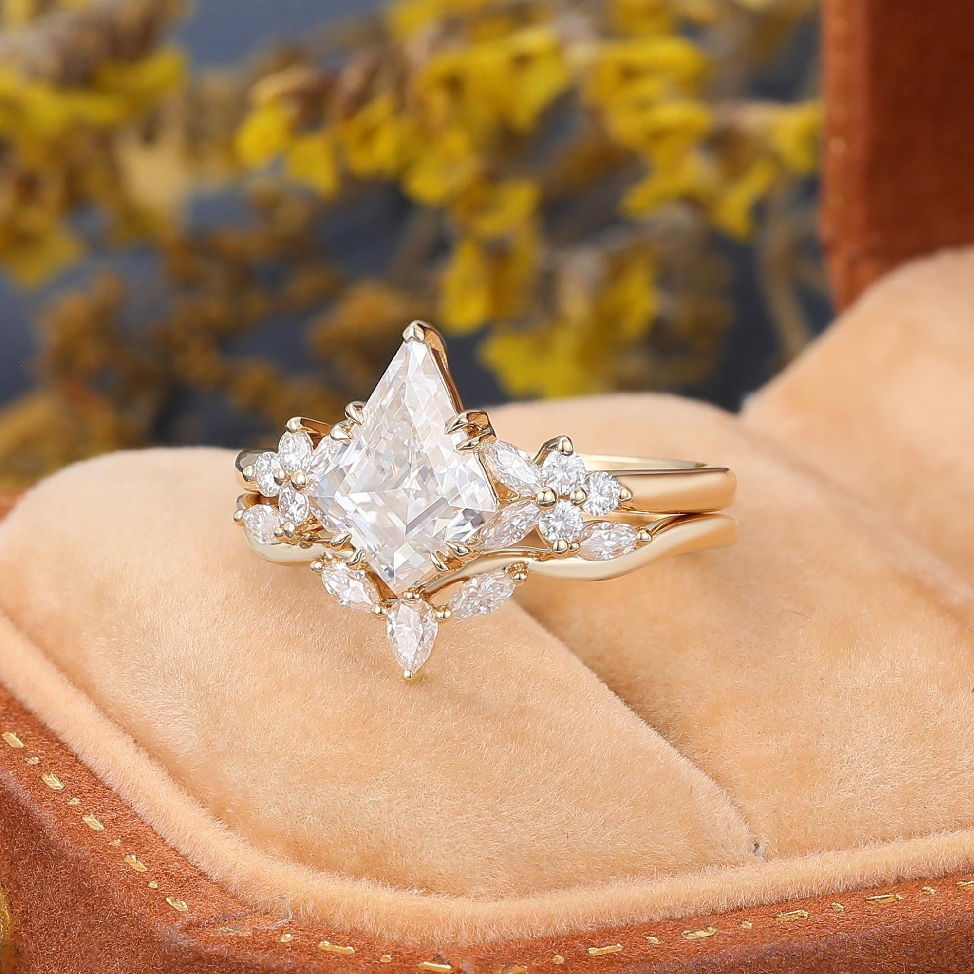 Kite cut Moissanite Engagement ring set Engagement Ring Cluster Ring Art Deco Ring - anerjuly