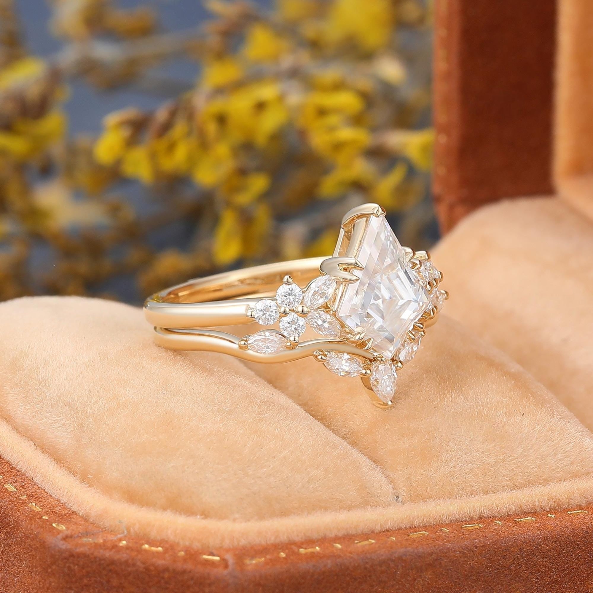 Kite cut Moissanite Engagement ring set Engagement Ring Cluster Ring Art Deco Ring - anerjuly