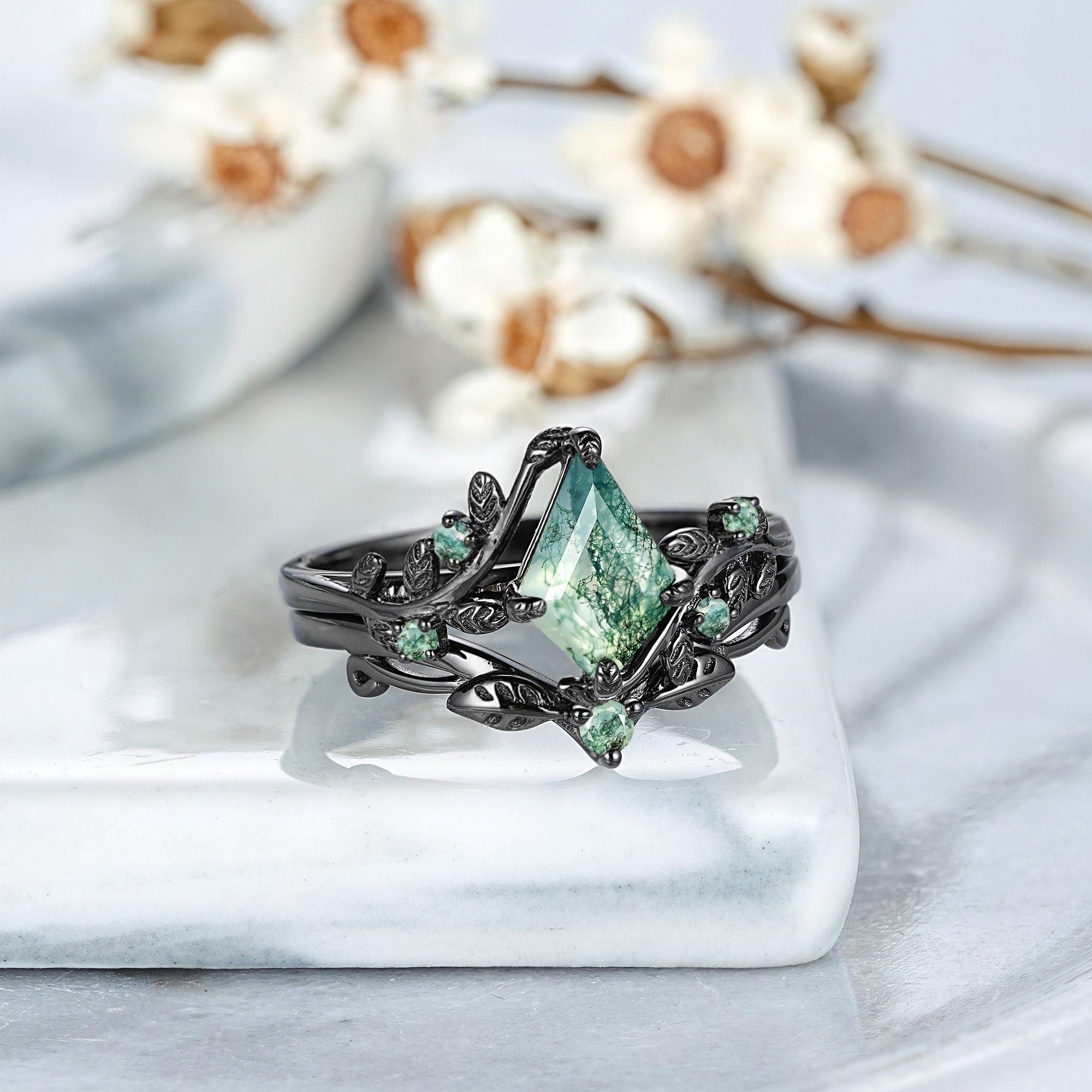 Kite Cut Natural Moss Agate Black Gold Engagement Ring For Women - anerjuly
