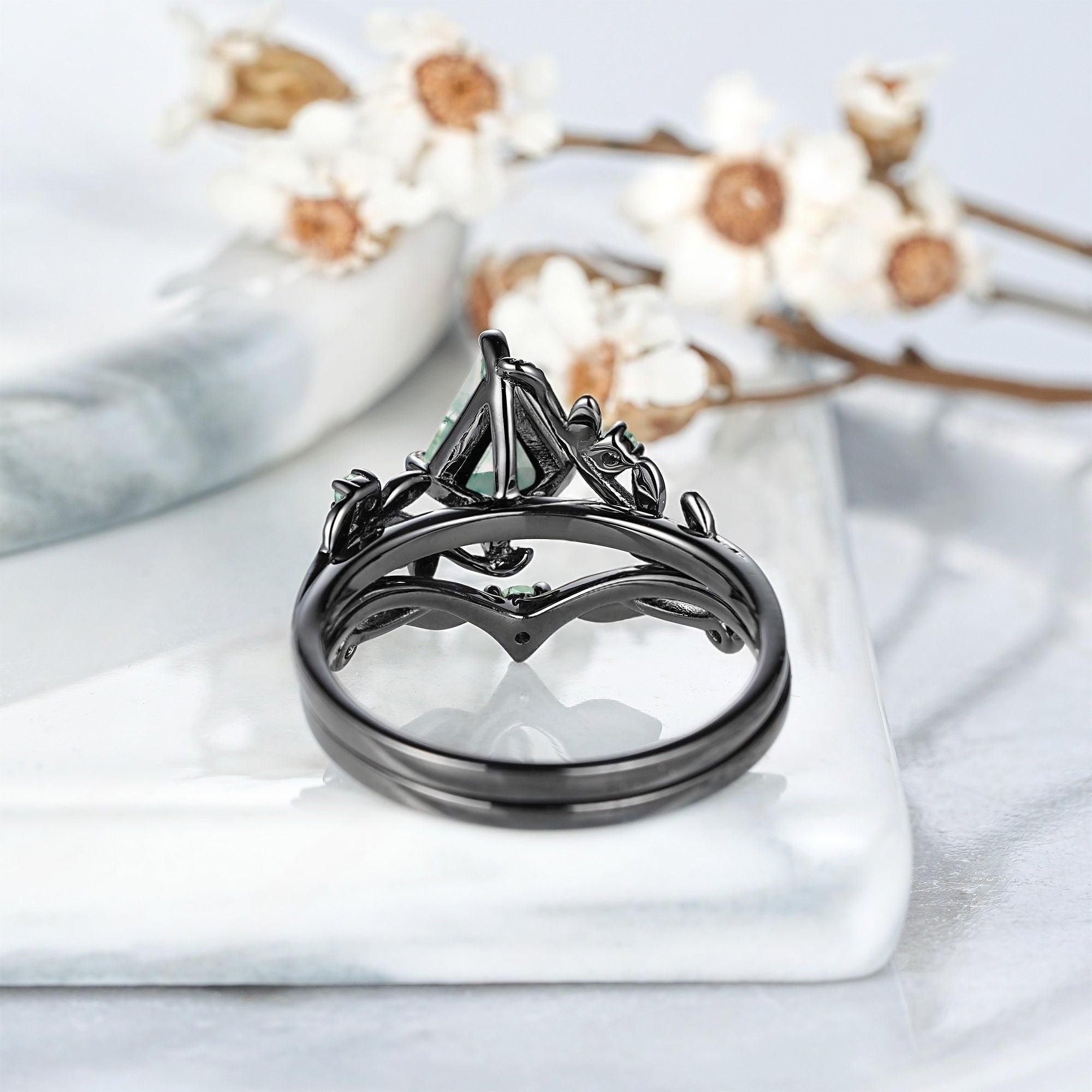 Kite Cut Natural Moss Agate Black Gold Engagement Ring For Women - anerjuly