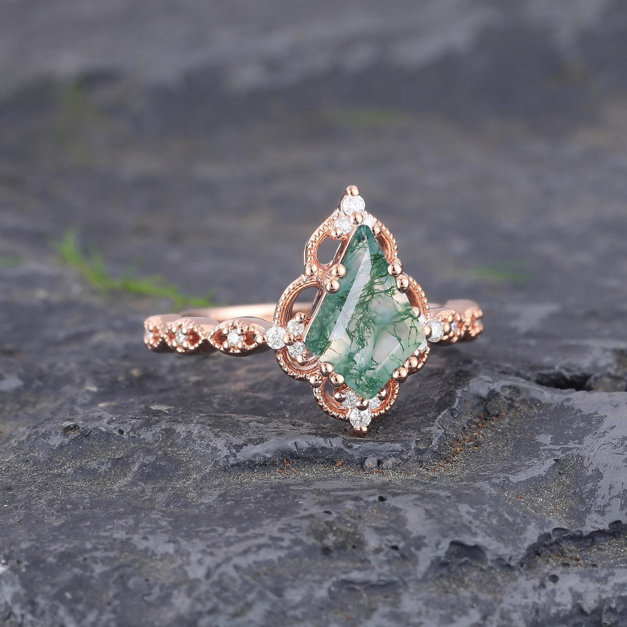 Kite cut Natural Moss Agate Unique Couple Ring His and Her Matching Rings - anerjuly