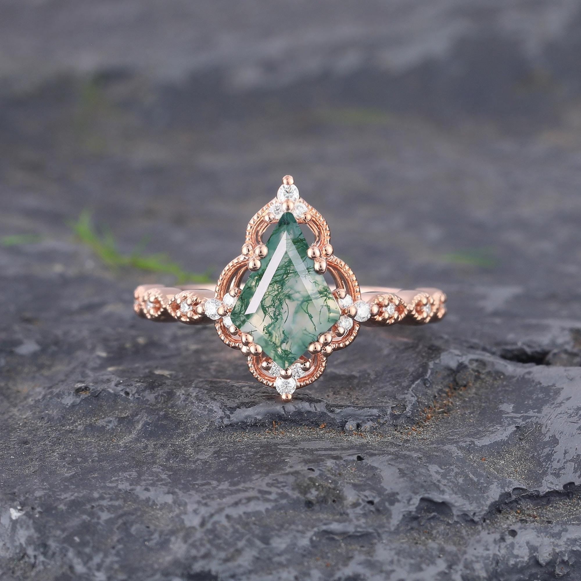 Kite cut Natural Moss Agate Unique Couple Ring His and Her Matching Rings - anerjuly