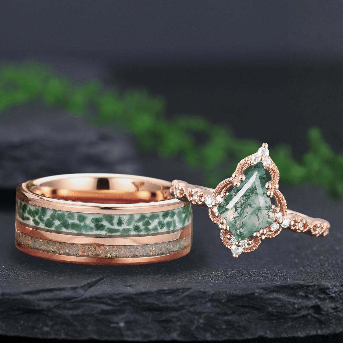 Kite cut Natural Moss Agate Unique Couple Ring His and Her Matching Rings - anerjuly
