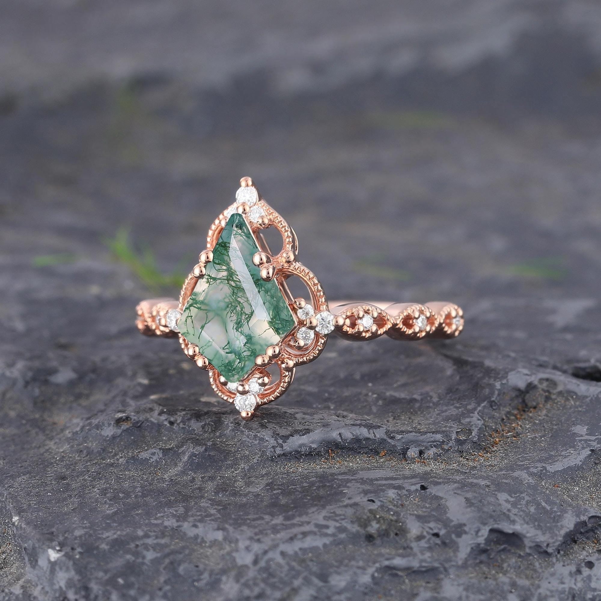 Kite cut Nature Moss Agate Moss Agate Black Gold Ring Set Engagement Ring - anerjuly