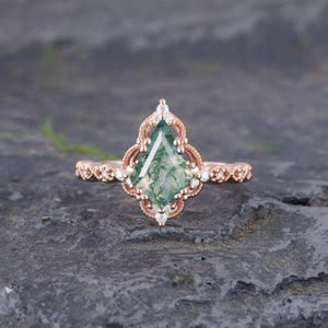 Kite cut Nature Moss Agate Moss Agate Black Gold Ring Set Engagement Ring - anerjuly