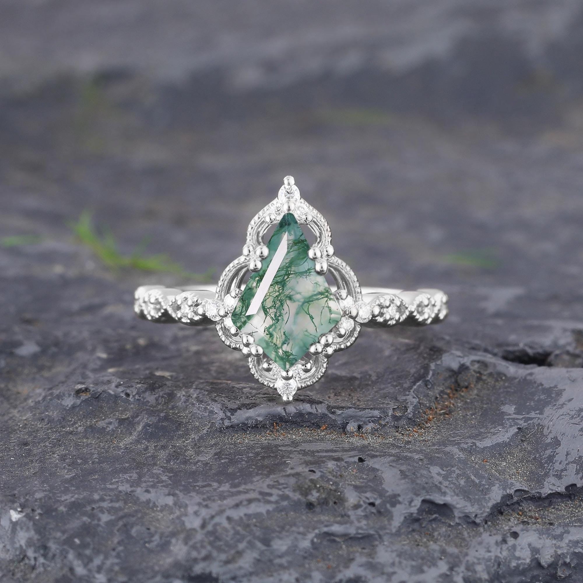 Kite cut Nature Moss Agate Moss Agate Black Gold Ring Set Engagement Ring - anerjuly