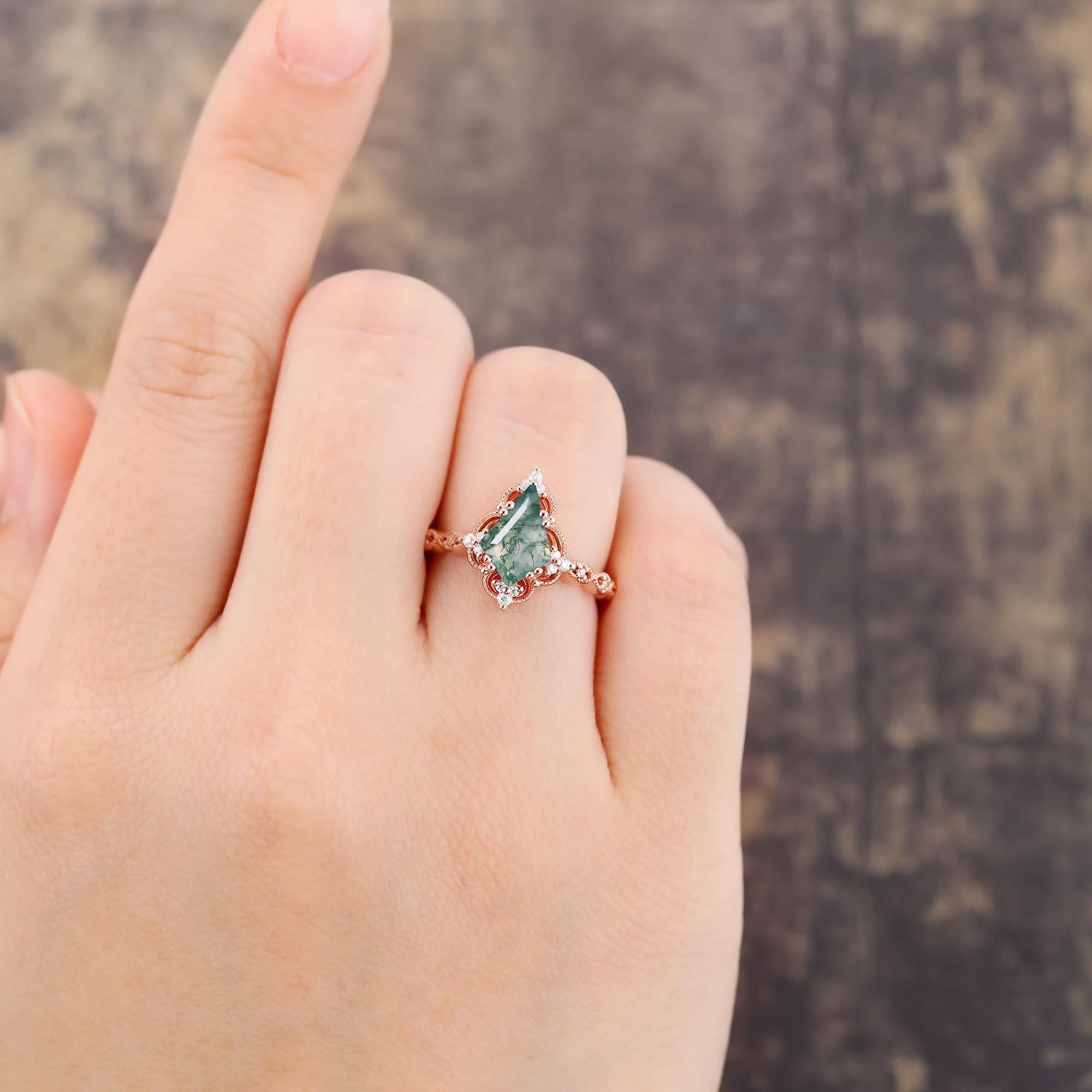 Kite cut Nature Moss Agate Moss Agate Black Gold Ring Set Engagement Ring - anerjuly