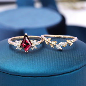 Kite Cut Red Garnet Couple Rings Cluster Ring Nature Inspired Leaf Engagement Ring Set for Women - anerjuly