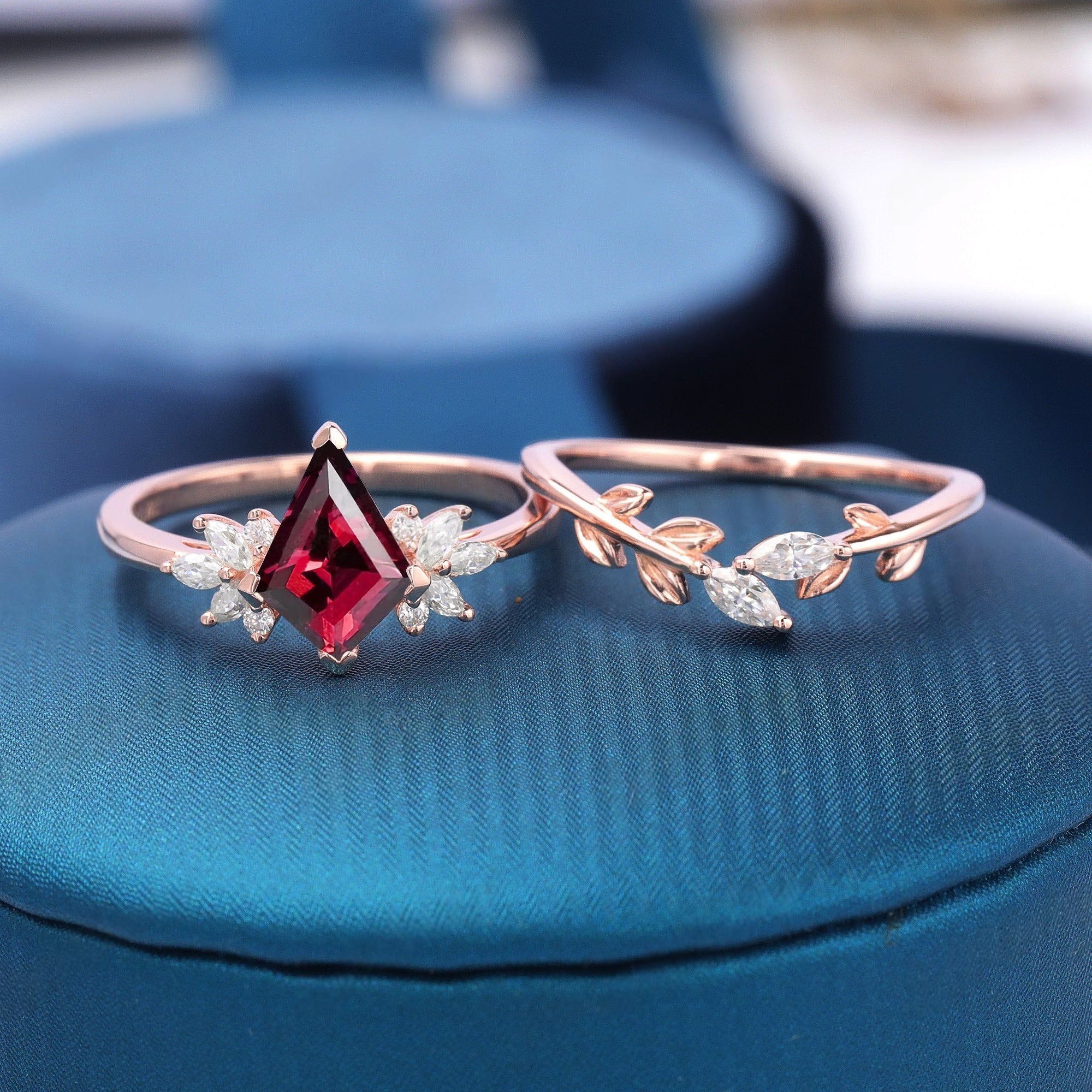 Kite Cut Red Garnet Engagement Ring Set Leaf Gold Women Bridal Promise Ring - anerjuly