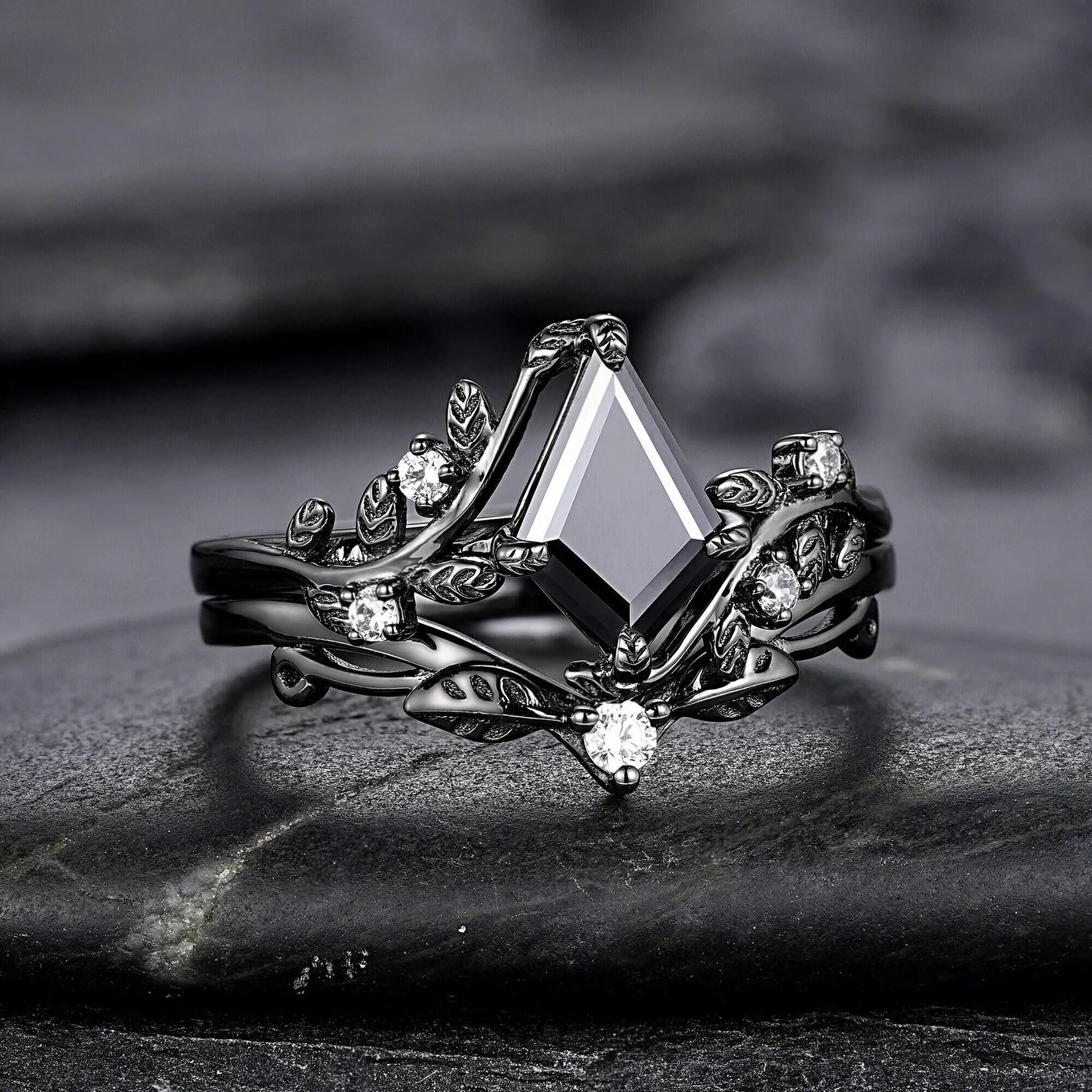 Kite Shape Black Rutilated Quartz Couple Ring Set His and Her Vintage Ring - anerjuly