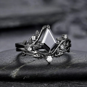 Kite Shape Black Rutilated Quartz Couple Ring Set His and Her Vintage Ring - anerjuly