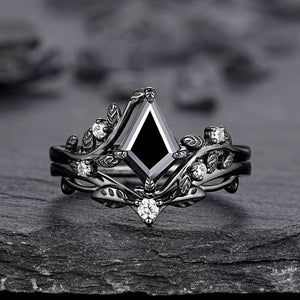 Kite Shape Black Rutilated Quartz Couple Ring Set His and Her Vintage Ring - anerjuly