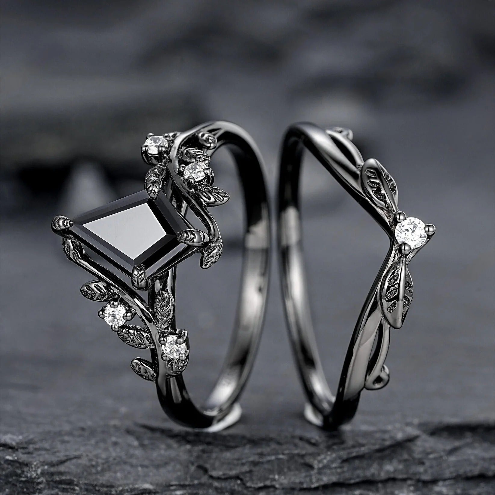 Kite Shape Black Rutilated Quartz Couple Ring Set His and Her Vintage Ring - anerjuly