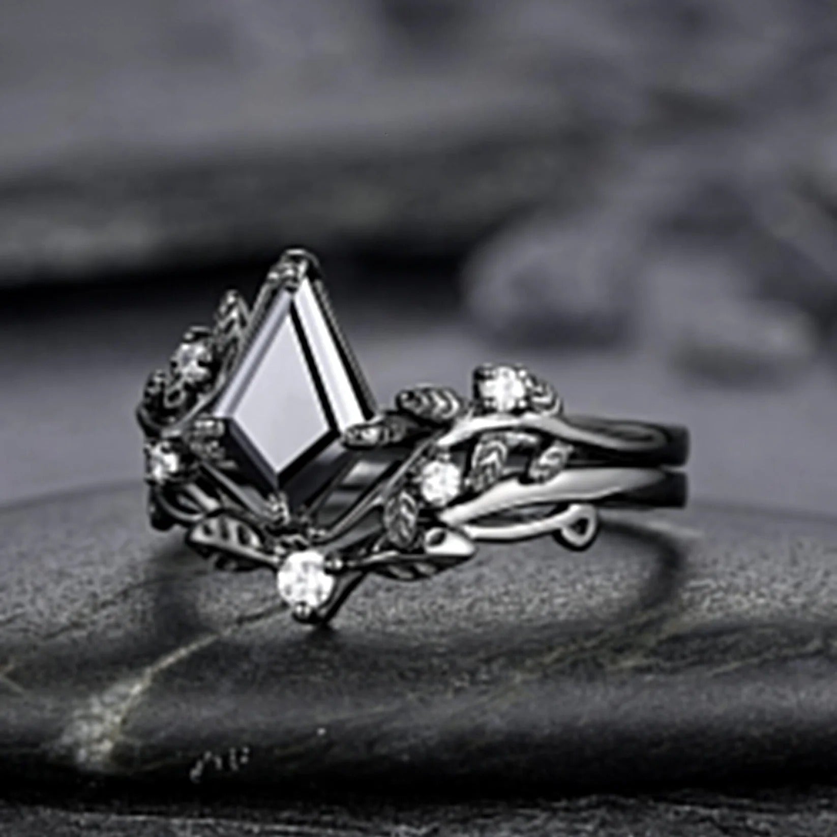 Kite Shape Black Rutilated Quartz Couple Ring Set His and Her Vintage Ring - anerjuly