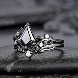 Kite Shape Black Rutilated Quartz Couple Ring Set His and Her Vintage Ring - anerjuly
