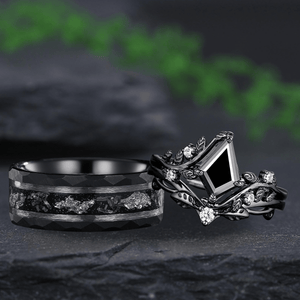 Kite Shape Black Rutilated Quartz Couple Ring Set His and Her Vintage Ring - anerjuly