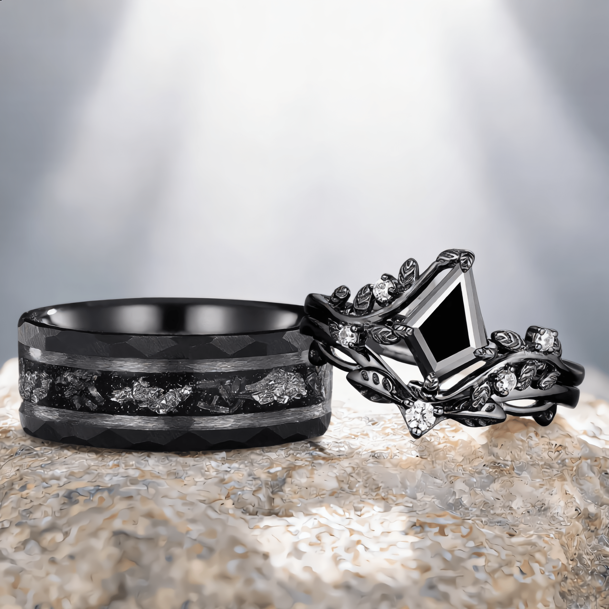 Kite Shape Black Rutilated Quartz Couple Ring Set His and Her Vintage Ring - anerjuly