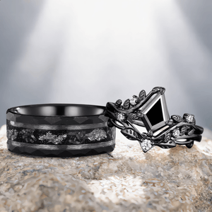 Kite Shape Black Rutilated Quartz Couple Ring Set His and Her Vintage Ring - anerjuly