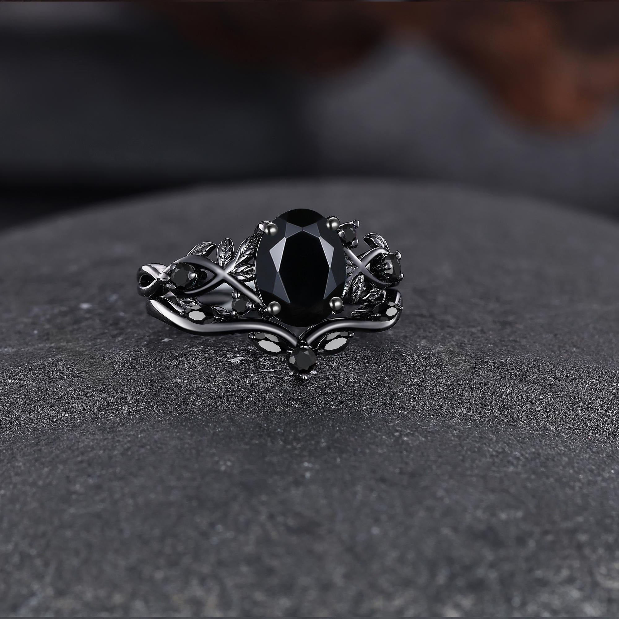 Leaf Branch Natural Black Onyx S925 Ring Nature Inspired Bridal Engagement Ring - anerjuly