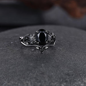 Leaf Branch Natural Black Onyx S925 Ring Nature Inspired Bridal Engagement Ring - anerjuly