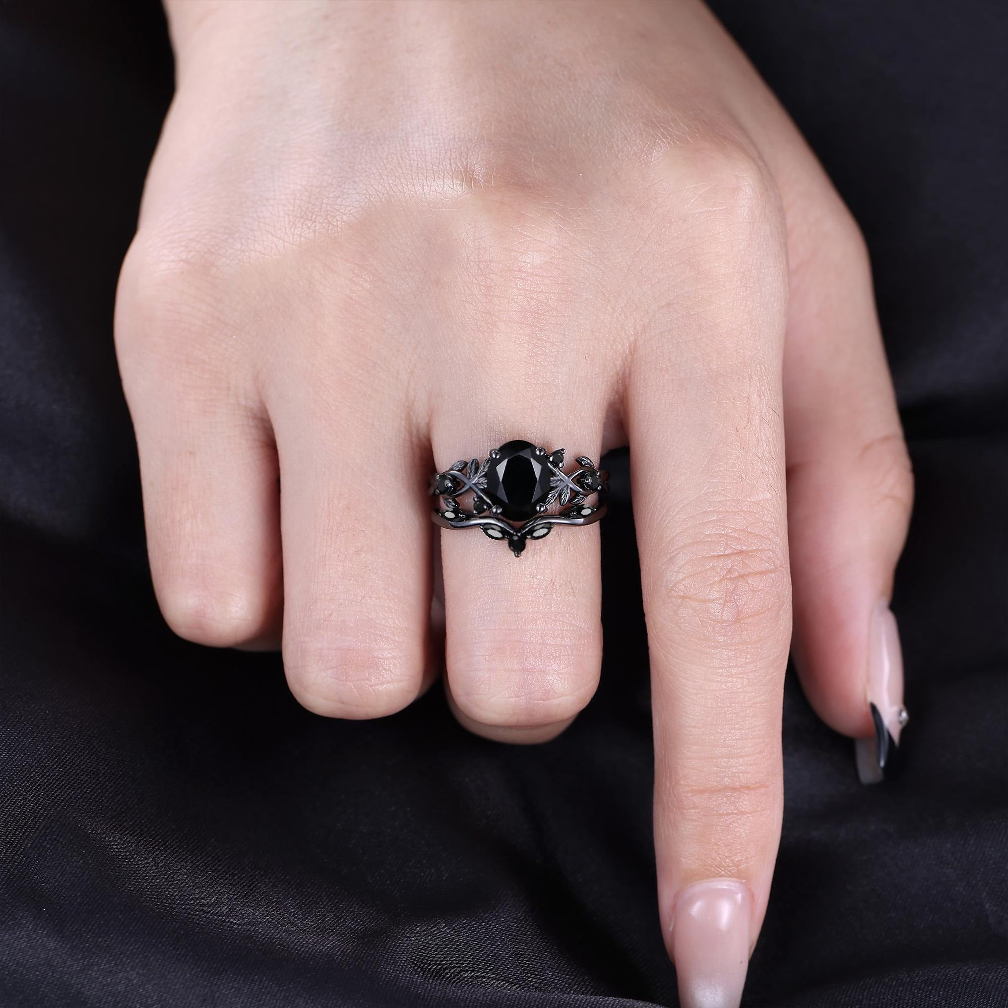 Leaf Branch Natural Black Onyx S925 Ring Nature Inspired Bridal Engagement Ring - anerjuly