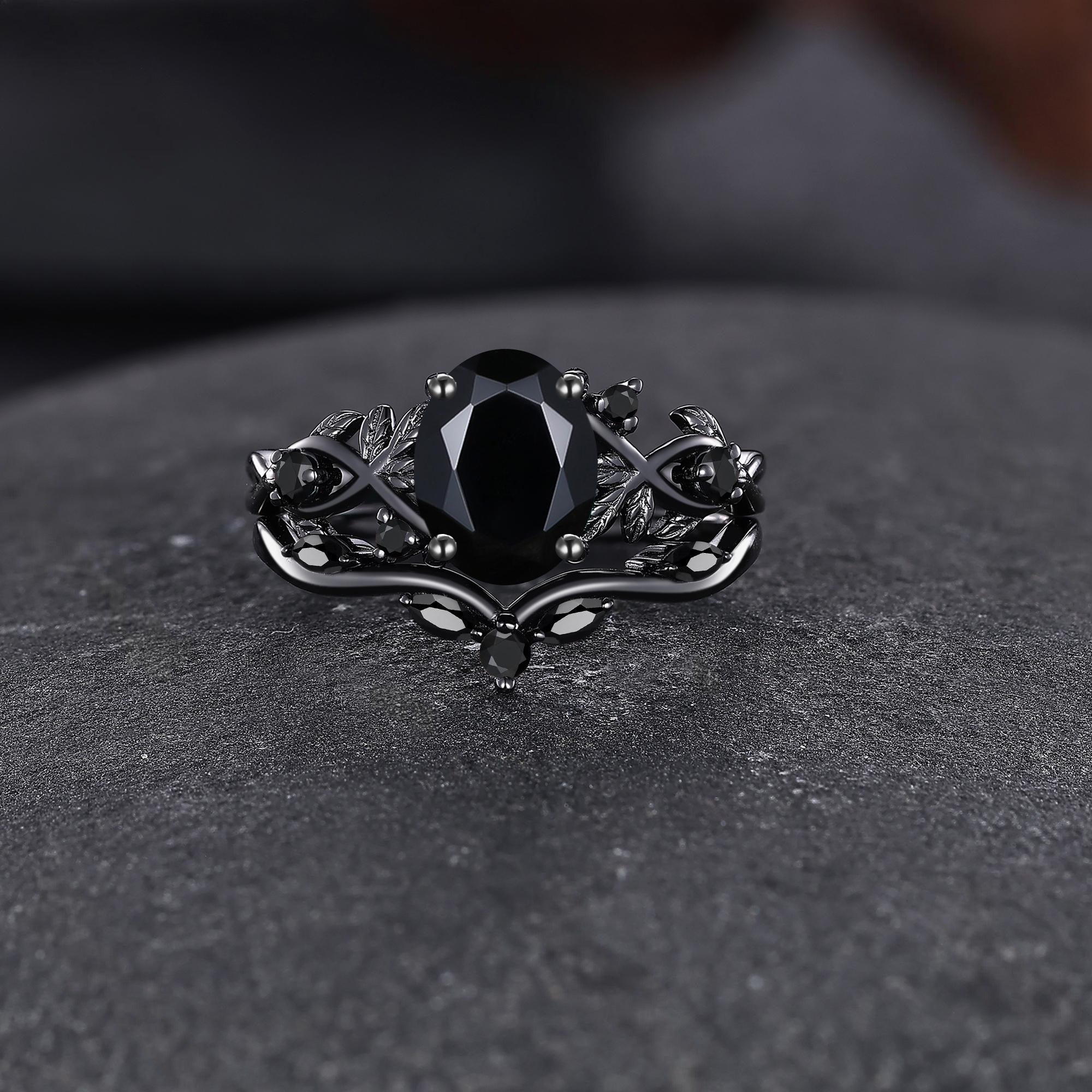 Leaf Branch Natural Black Onyx S925 Ring Nature Inspired Bridal Engagement Ring - anerjuly