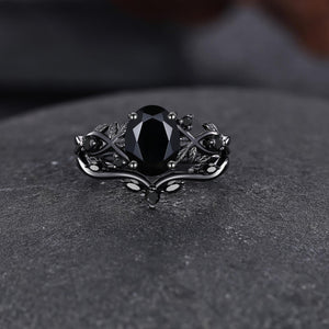 Leaf Branch Natural Black Onyx S925 Ring Nature Inspired Bridal Engagement Ring - anerjuly