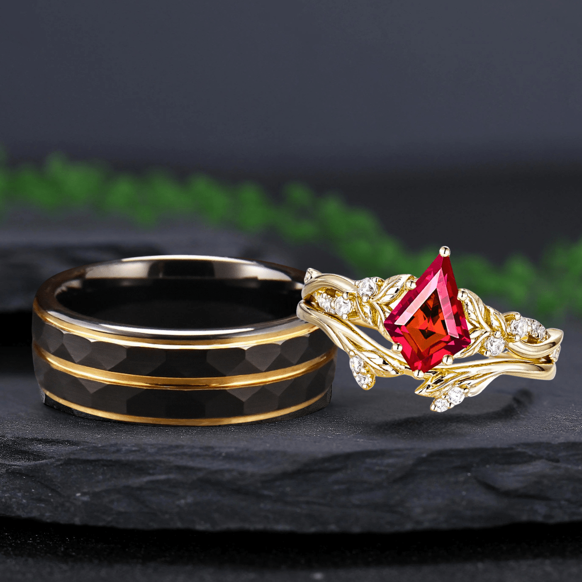 Leaf Design Kite Cut Red Garnet Couple Rings Cluster Ring Nature Inspired Leaf Engagement Ring - anerjuly