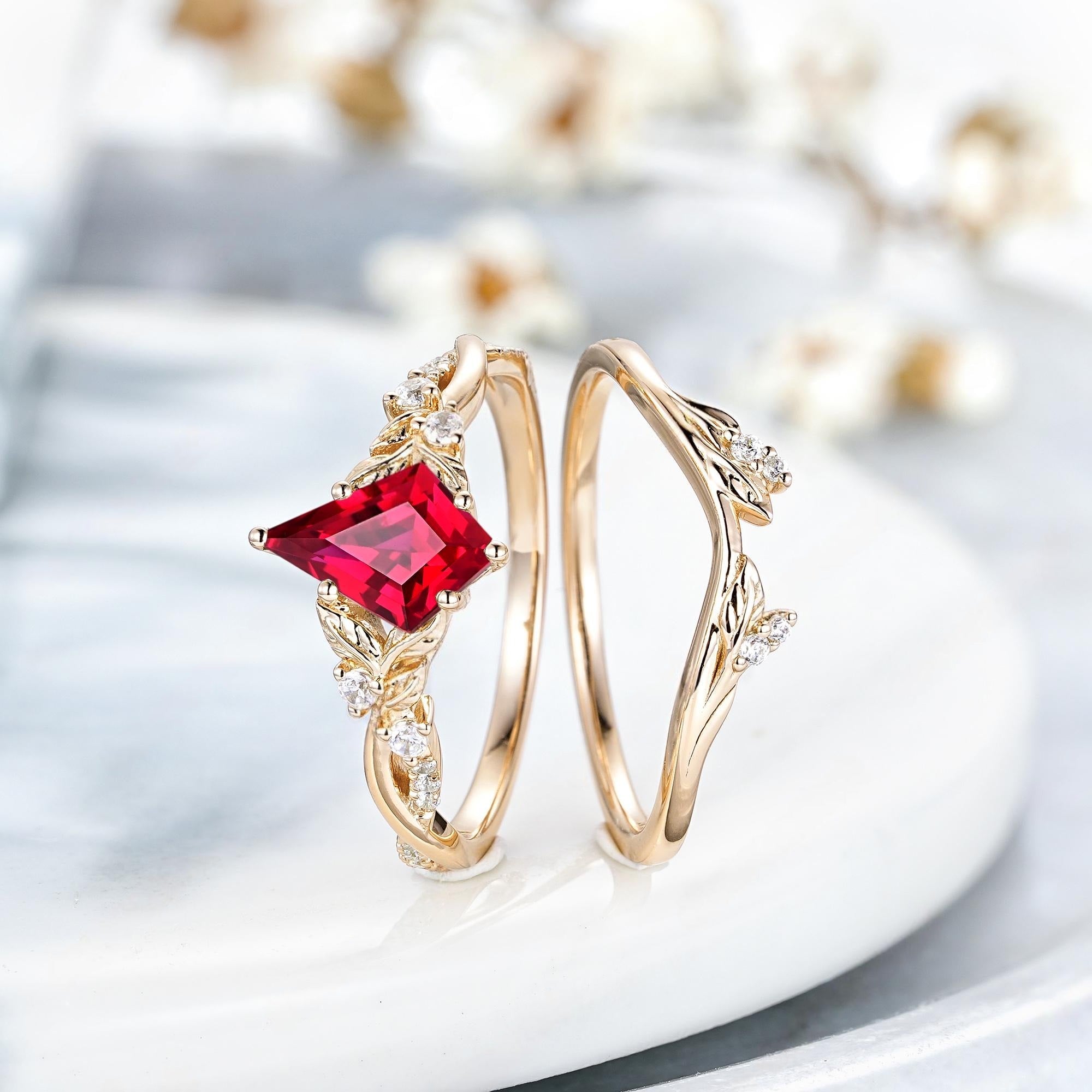 Leaf Design Kite Cut Red Garnet Couple Rings Cluster Ring Nature Inspired Leaf Engagement Ring - anerjuly