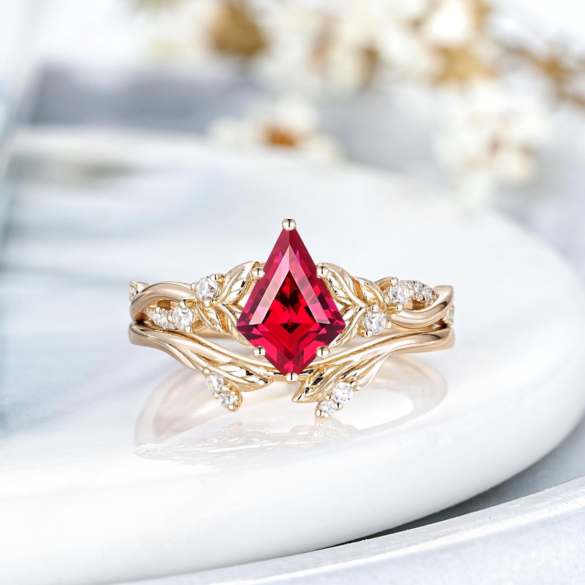 Leaf Design Kite Cut Red Garnet Engagement Ring Set Women Bridal Promise Ring - anerjuly