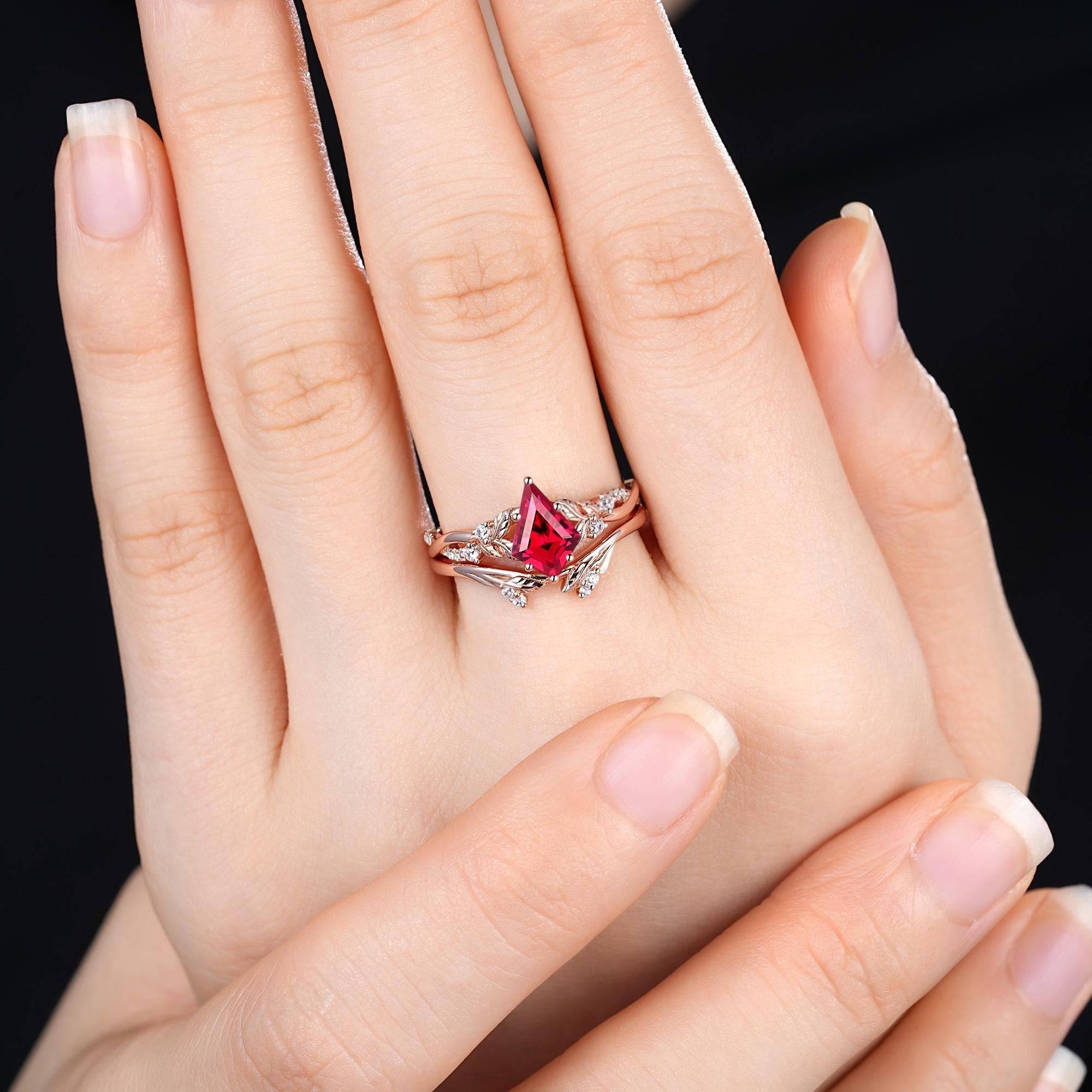 Leaf Design Kite Cut Red Garnet Engagement Ring Set Women Bridal Promise Ring - anerjuly