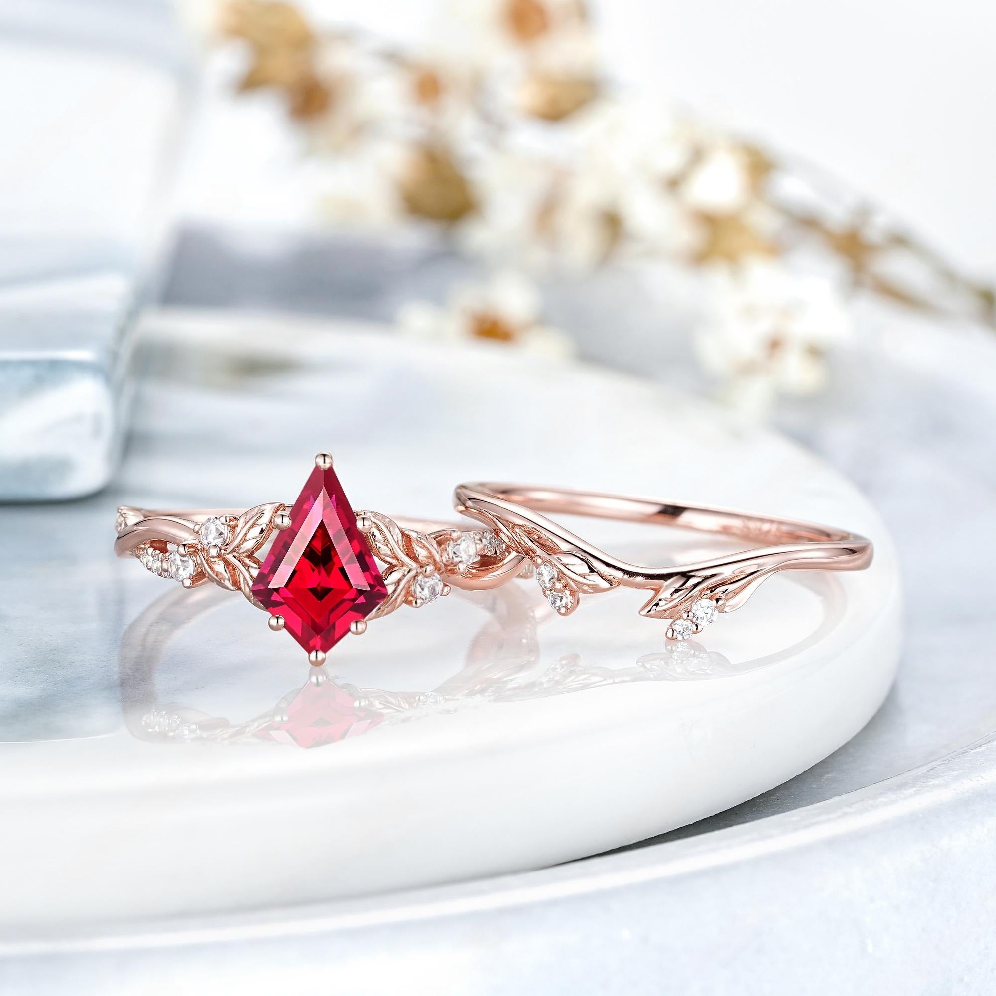 Leaf Design Kite Cut Red Garnet Engagement Ring Set Women Bridal Promise Ring - anerjuly