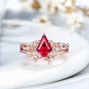 Leaf Design Kite Cut Red Garnet Engagement Ring Set Women Bridal Promise Ring - anerjuly