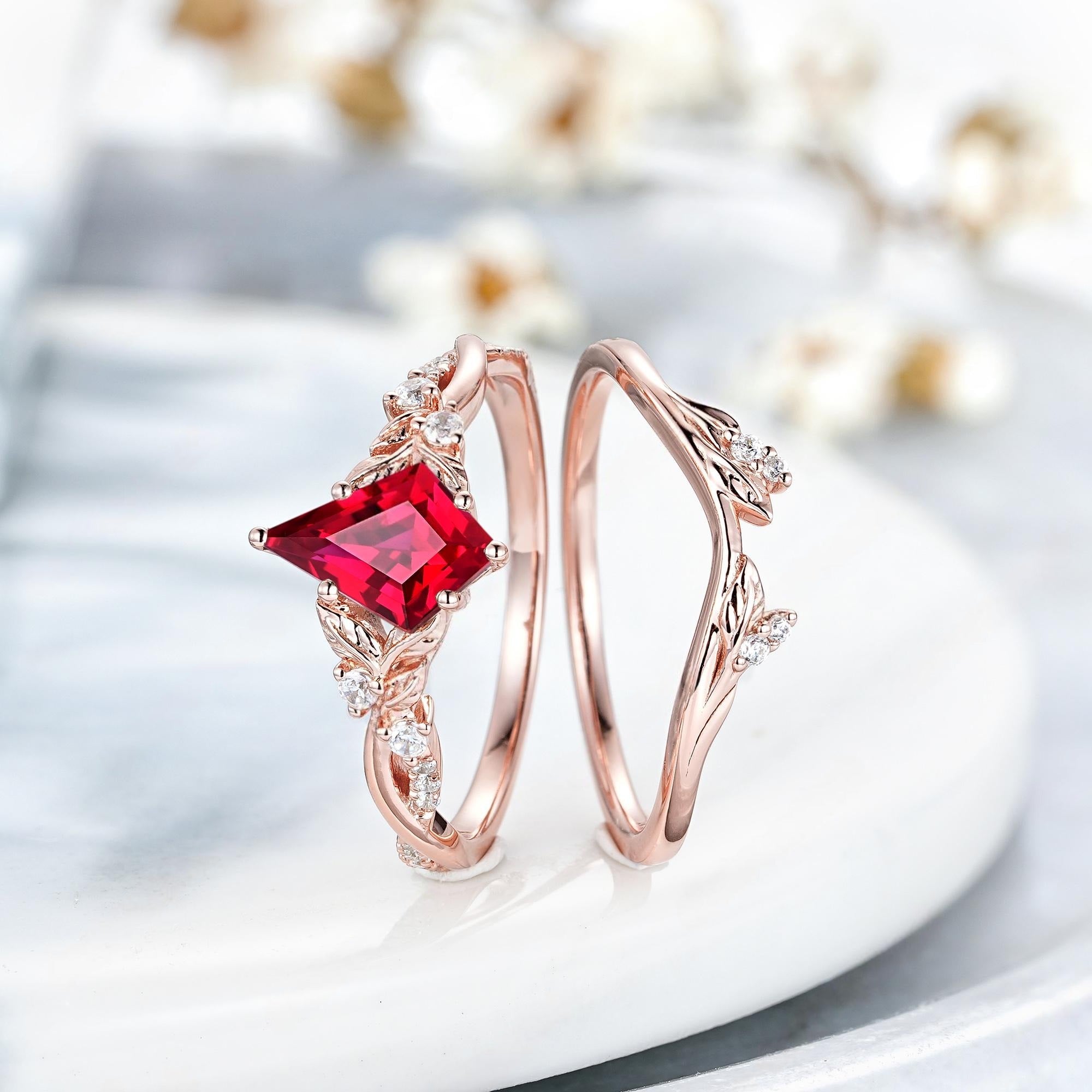Leaf Design Kite Cut Red Garnet Engagement Ring Set Women Bridal Promise Ring - anerjuly