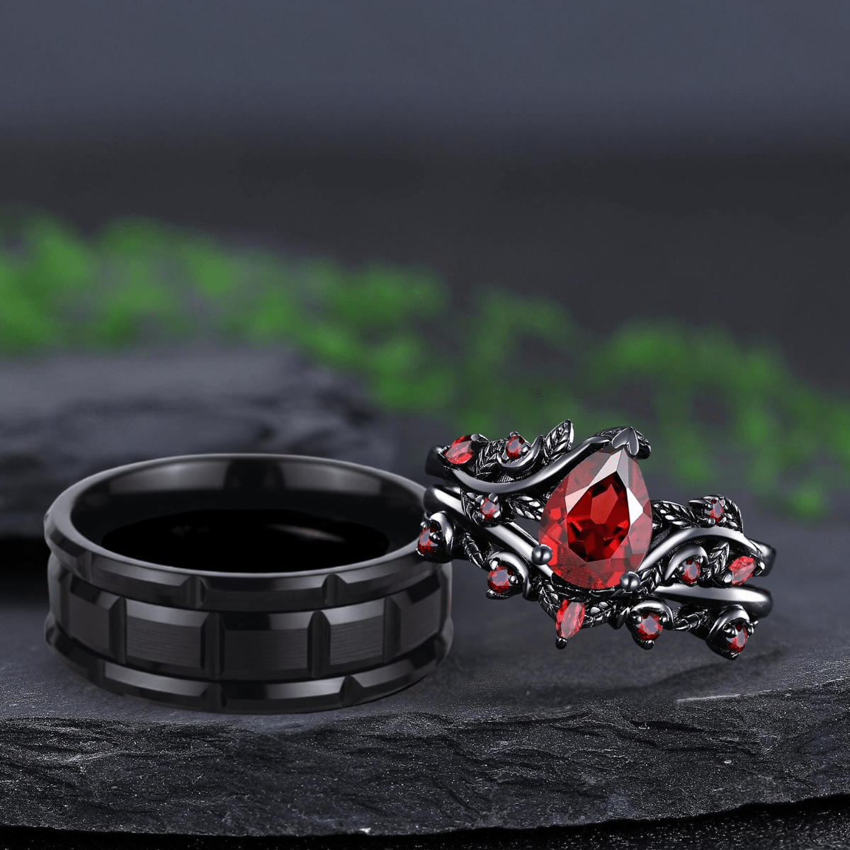 Leaf Design Pear Garnet Ring Black Gold Couple Rings Tungsten Wedding Band Promise Ring - anerjuly