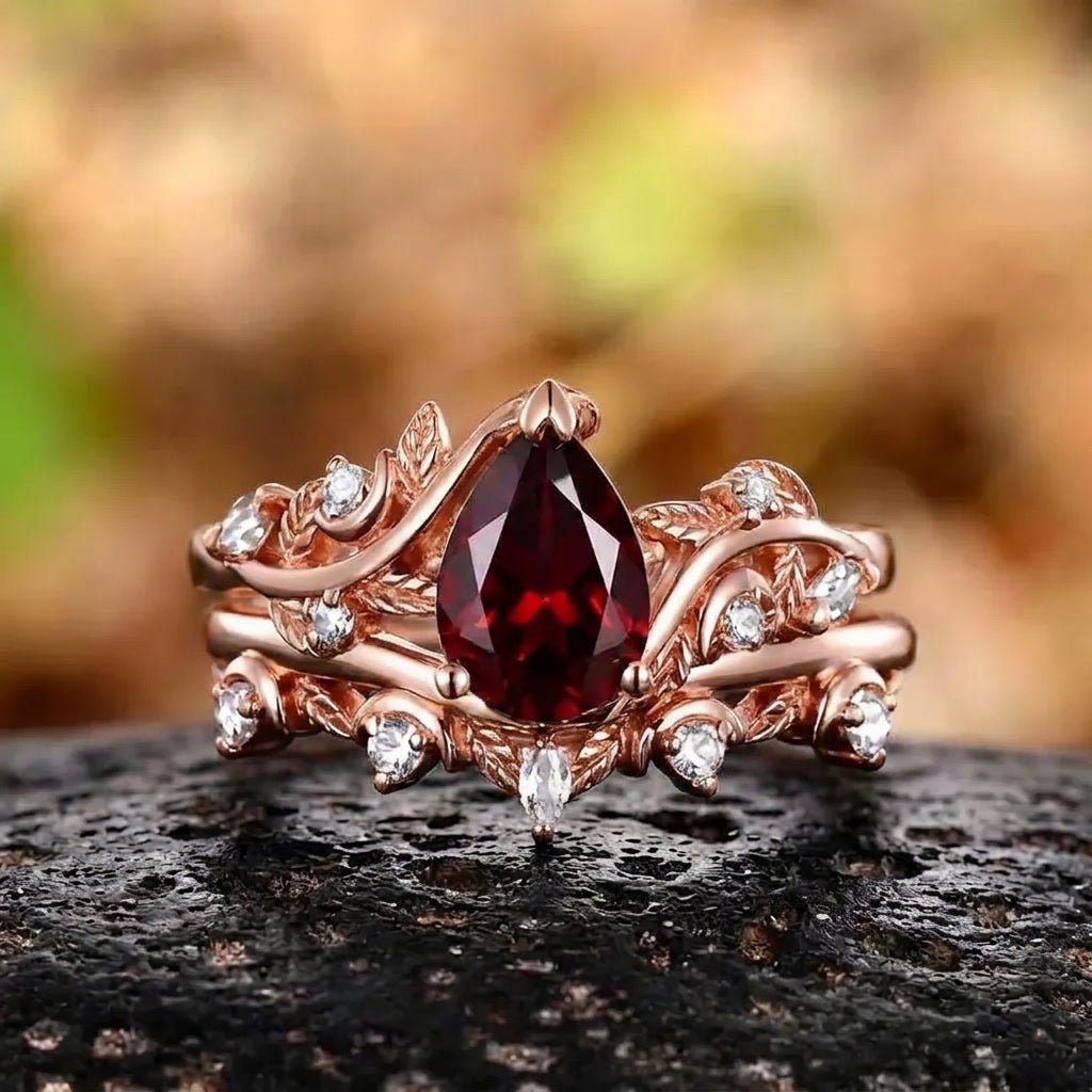 Her Ring - Black Gold Twig Pear Red Garnet Bridal Ring Set