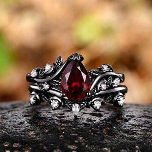 Her Ring - Black Gold Twig Pear Red Garnet Bridal Ring Set