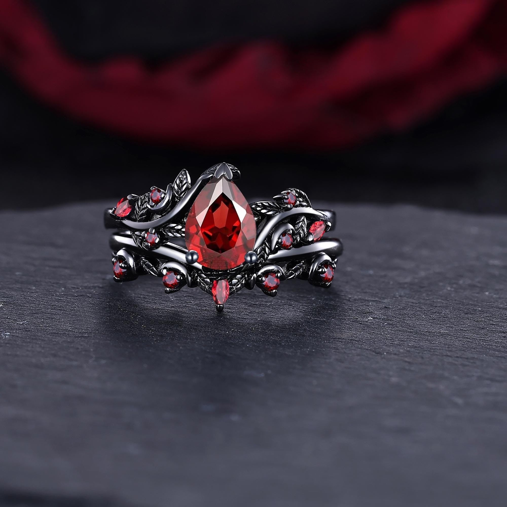 Leaf Design Pear Red Garnet Engagement Ring Set Twig Leaf Black Gold Women Bridal Promise Ring - anerjuly