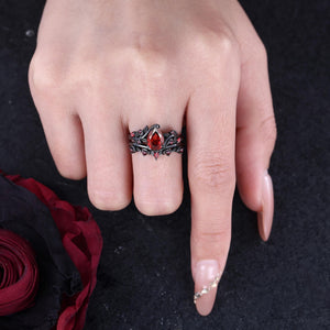 Leaf Design Pear Red Garnet Engagement Ring Set Twig Leaf Black Gold Women Bridal Promise Ring - anerjuly