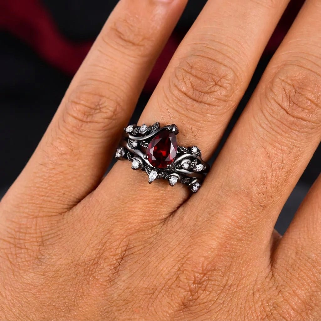 Her Ring - Black Gold Twig Pear Red Garnet Bridal Ring Set