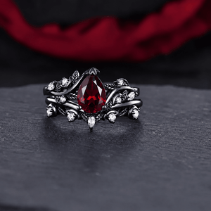 Her Ring - Black Gold Twig Pear Red Garnet Bridal Ring Set