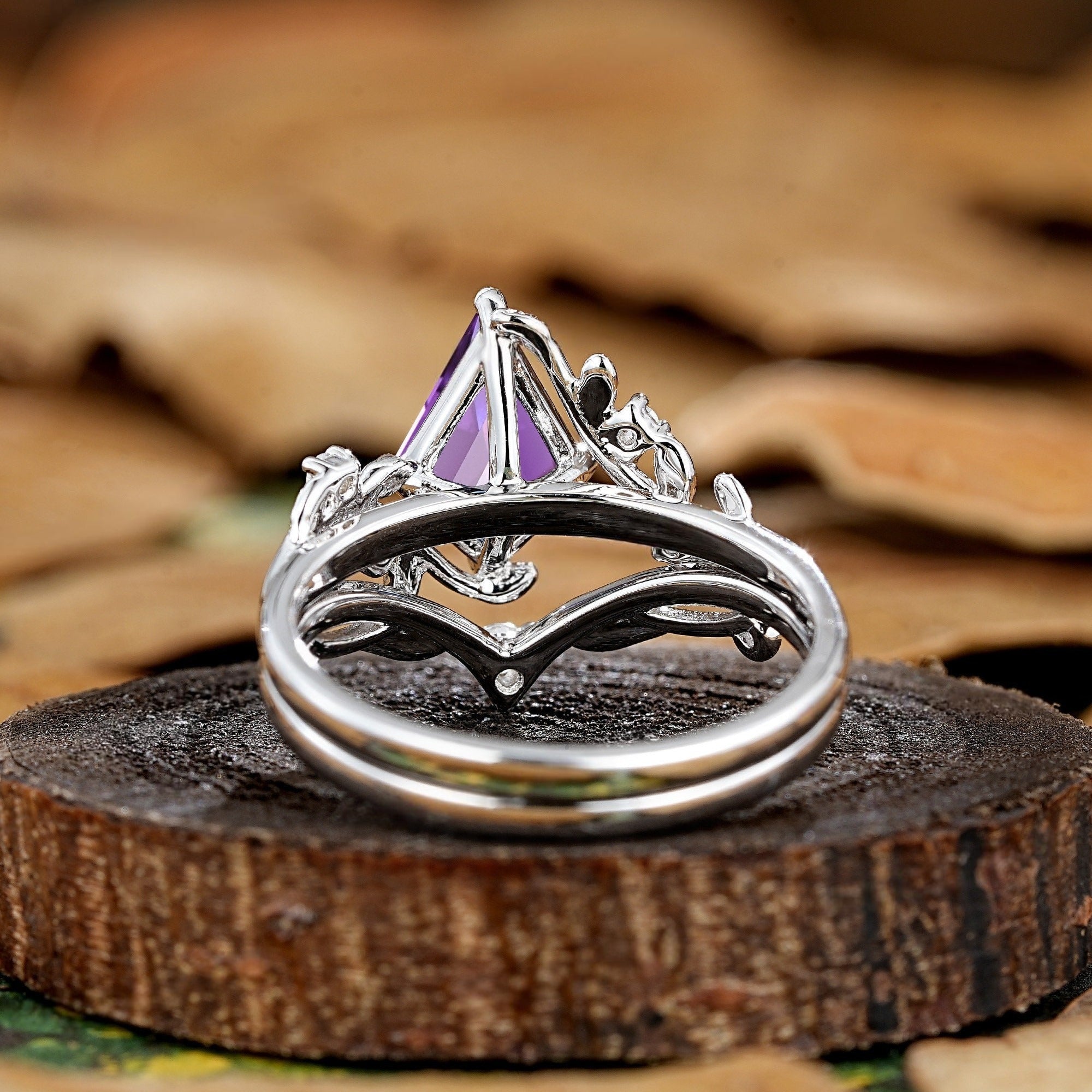 Leaf Floral Kite Cut Amethyst Vine Couple Rings Gold His & Her Matching Rings - anerjuly