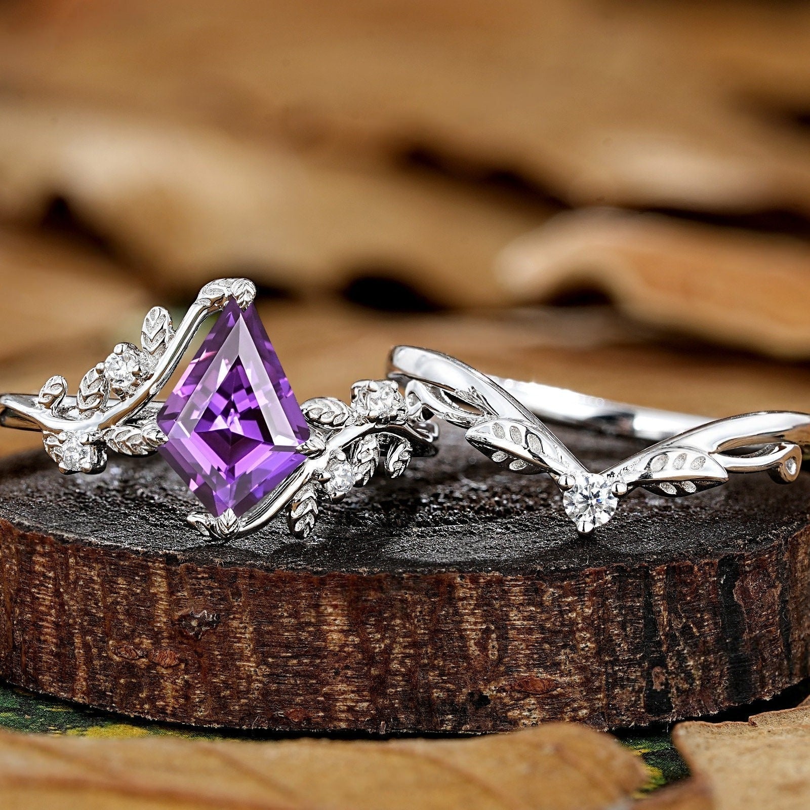 Leaf Floral Kite Cut Purple Sapphire Engagement Rings Set Vintage Nature Inspired Ring - anerjuly